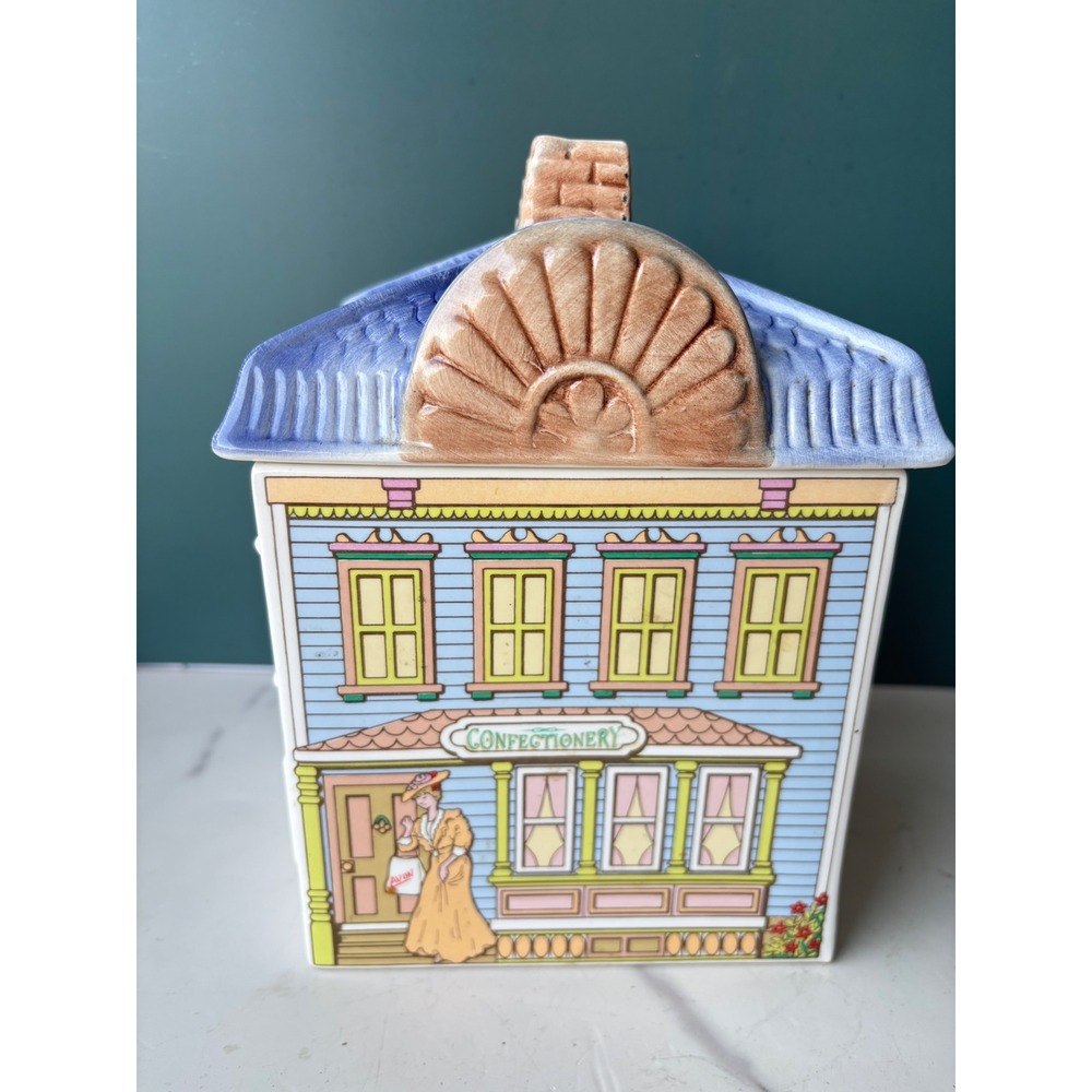 Vtg Avon Ceramic Confectionery House Canister Victorian Storefront Cookie Jar